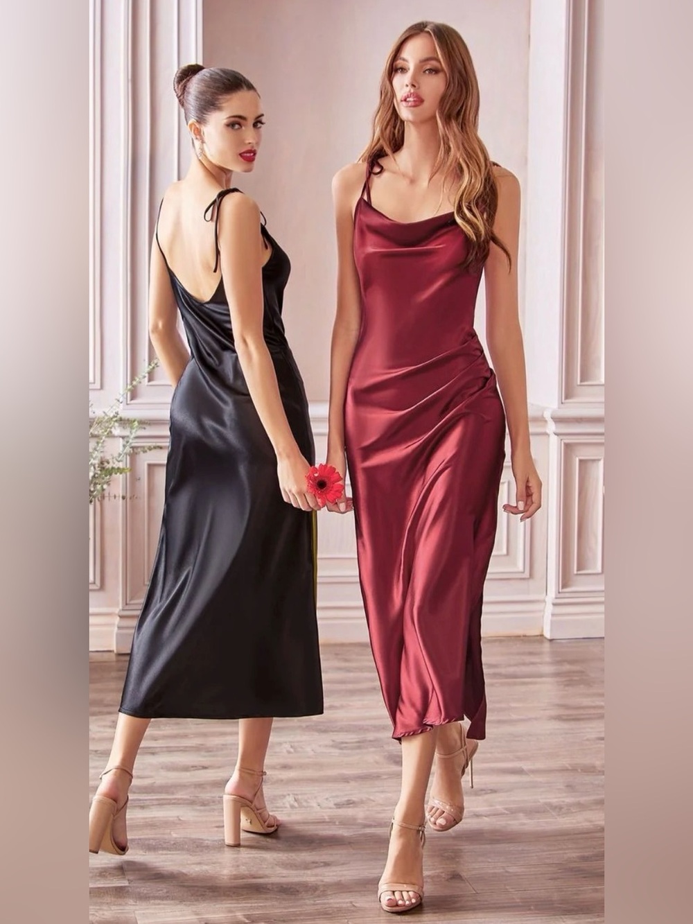 Cinderella Divine Black Satin Side Slit Evening Cocktail Gown Dress Women M